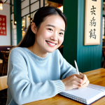 **

"A cheerful woman in her late 20s, fully clothed in a stylish but modest casual outfit (jeans and a sweater), sitting at a bright, sunny cafe table. She's smiling and looking directly at the viewer while practicing writing Chinese characters in a notebook. A latte sits beside her. The cafe is bustling in the background with other patrons. perfect anatomy, correct proportions, natural pose, well-formed hands, proper finger count, safe for work, appropriate content, professional, modest, family-friendly, high-resolution."

**