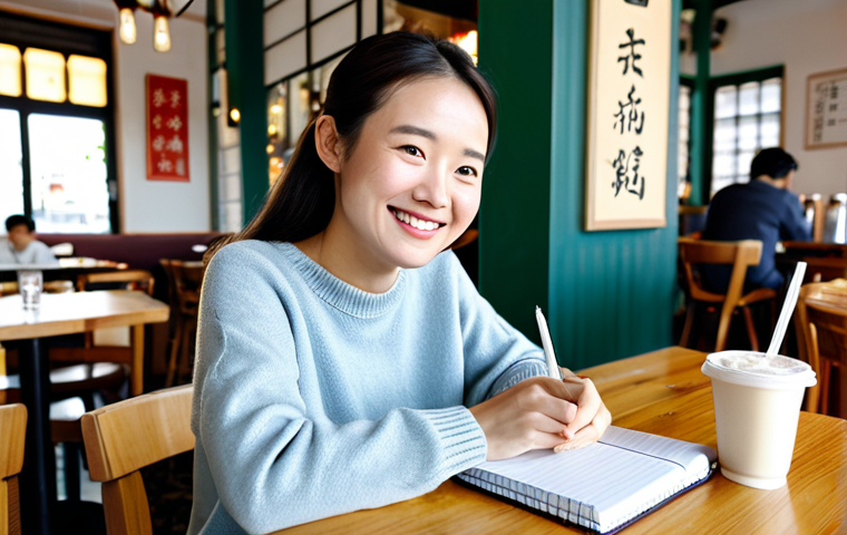 **
"A cheerful woman in her late 20s, fully clothed in a stylish but modest casual outfit (jeans and a sweater), sitting at a bright, sunny cafe table. She's smiling and looking directly at the viewer while practicing writing Chinese characters in a notebook. A latte sits beside her. The cafe is bustling in the background with other patrons. perfect anatomy, correct proportions, natural pose, well-formed hands, proper finger count, safe for work, appropriate content, professional, modest, family-friendly, high-resolution."
**
