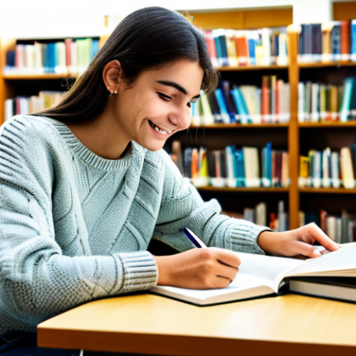 Home 19 **
"A bright and cheerful Spanish student, fully clothed in a comfortable sweater and jeans, studying at a desk covered with textbooks in a sunny, modern library, safe for work, appropriate content, professional, modest, family-friendly, perfect anatomy, correct proportions, natural pose, well-formed hands, proper finger count, natural body proportions, high quality."
**