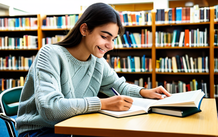 **
"A bright and cheerful Spanish student, fully clothed in a comfortable sweater and jeans, studying at a desk covered with textbooks in a sunny, modern library, safe for work, appropriate content, professional, modest, family-friendly, perfect anatomy, correct proportions, natural pose, well-formed hands, proper finger count, natural body proportions, high quality."
**