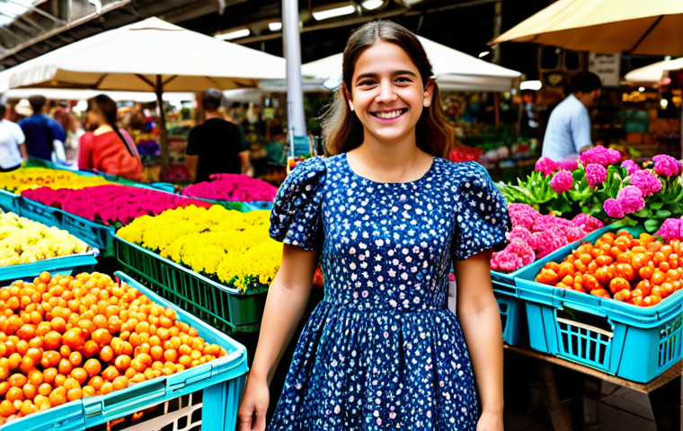 **
"A cheerful young woman, fully clothed in a colorful, modest dress with a floral pattern, standing in a vibrant flower market in Barcelona, Spain. Baskets of flowers surround her. Safe for work, appropriate content, professional photography, perfect anatomy, natural proportions, well-formed hands, proper finger count, family-friendly, bright and sunny day."
**