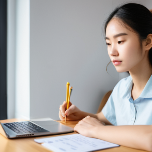 Home 3 HSK 실기 시험 준비 가이드 - A focused and determined young adult student, of diverse ethnicity, is deeply engrossed in studying ...