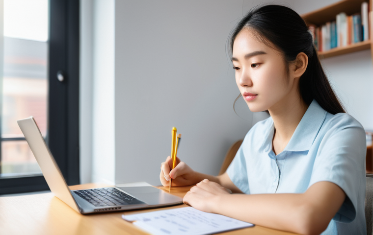 HSK 실기 시험 준비 가이드 - A focused and determined young adult student, of diverse ethnicity, is deeply engrossed in studying ...