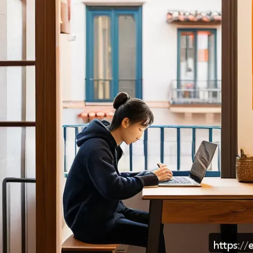 HSK 준비를 위한 단어 암기 꿀팁 - A cozy home study scene set in a modern Spanish apartment, featuring a young adult sitting at a wood...
