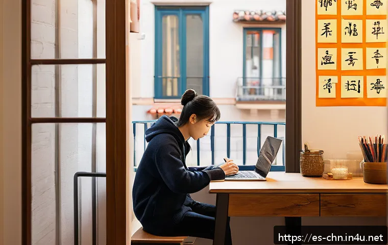 HSK 준비를 위한 단어 암기 꿀팁 - A cozy home study scene set in a modern Spanish apartment, featuring a young adult sitting at a wood...