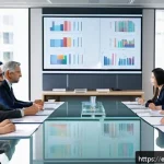 중국어 실무 프로젝트 경험 나누기 - A professional business meeting scene in a modern office setting with a diverse group of Spanish and...