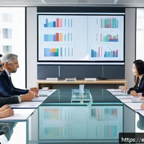 중국어 실무 프로젝트 경험 나누기 - A professional business meeting scene in a modern office setting with a diverse group of Spanish and...