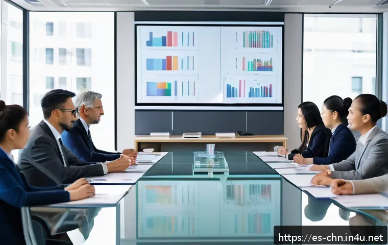 중국어 실무 프로젝트 경험 나누기 - A professional business meeting scene in a modern office setting with a diverse group of Spanish and...