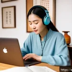 중국어 듣기 시험 대비 방법 - A cozy home study setup featuring a young Spanish-speaking adult woman sitting at a wooden desk with...