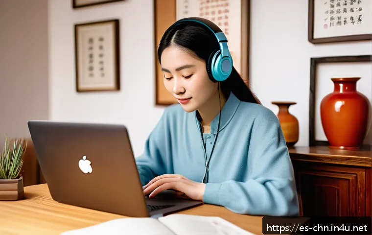 중국어 듣기 시험 대비 방법 - A cozy home study setup featuring a young Spanish-speaking adult woman sitting at a wooden desk with...